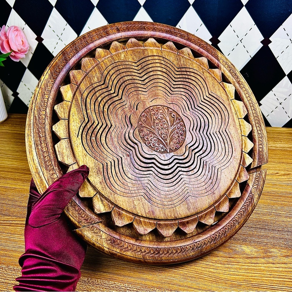 Rare‎ Collapsible Basket Wooden Bowl Sunflower Design Vintage Rustic Innovation